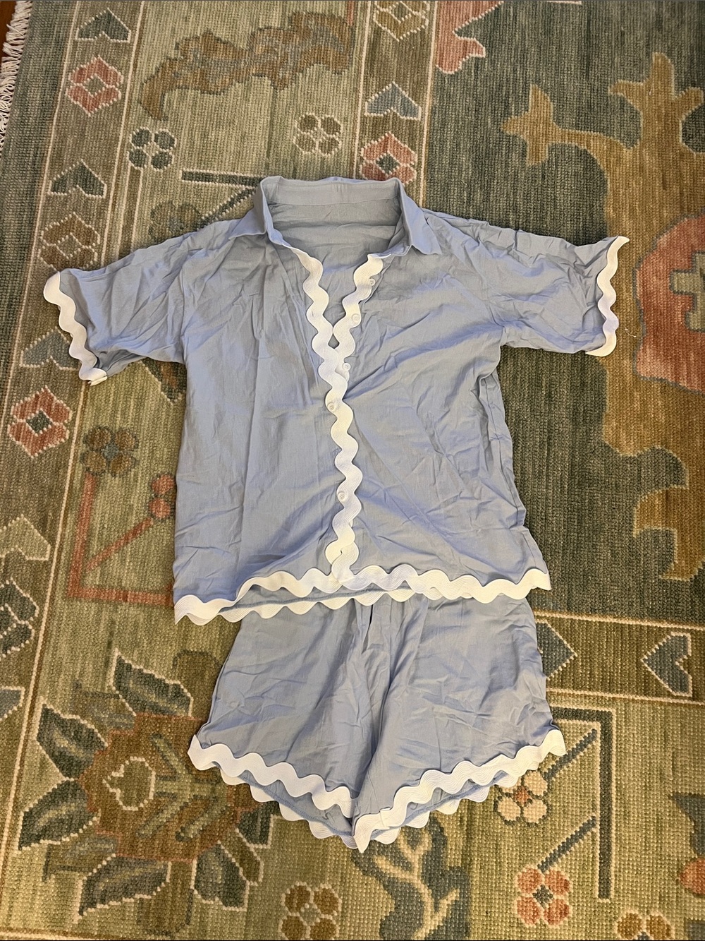 Light Blue & White Ric Rac Two-Piece Short Set – Size Small
